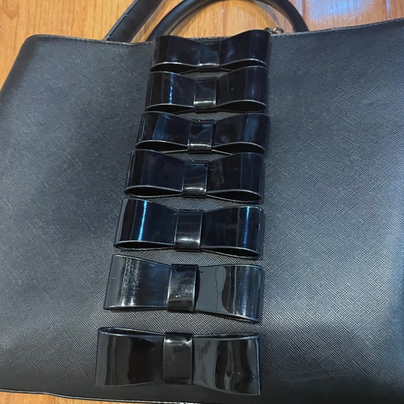 Betsey Johnson‎ Black Faux Leather Tote Bag with Patent Bows - Picture 9 of 16